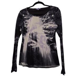 Vtg 90s Y2K Vivienne Tam Tie Dye Top Womens LG Black Mesh Overlay Long Sleeve